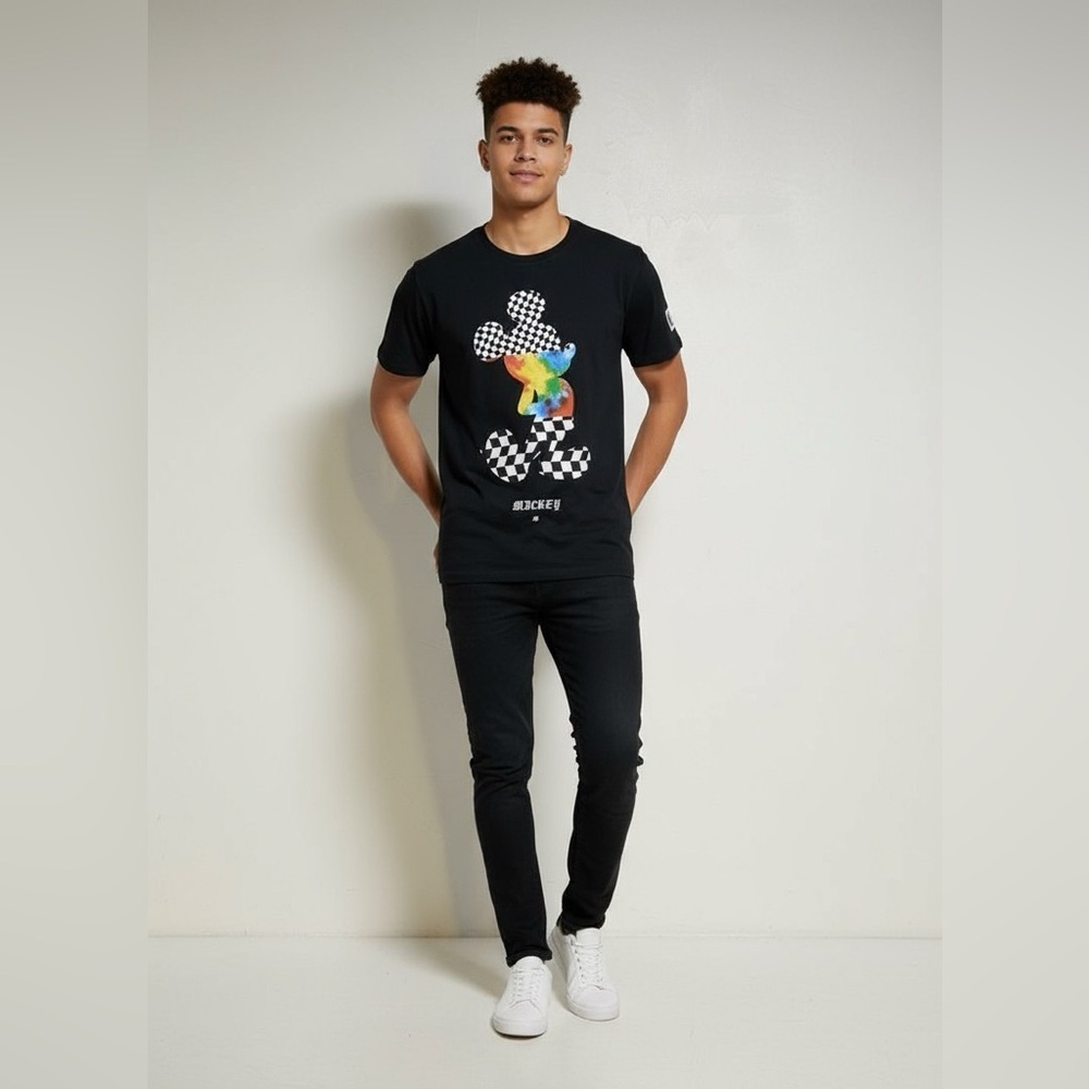 Disney x NEFF Mickey Mouse Checker Print Graphic Tee Black Size XL